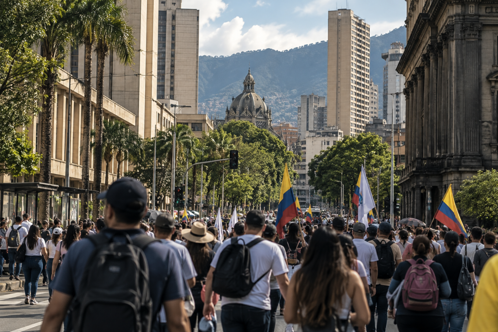 Movilización ciudadana en el centro de Medellín durante una jornada de marchas y concentraciones.