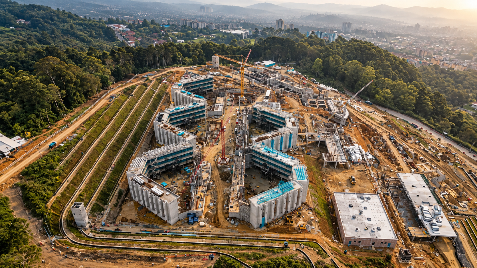 Avance de la construcción de la Megacárcel Metropolitana para Sindicados en la vereda Pedregal Alto, corregimiento de San Cristóbal, Medellín.